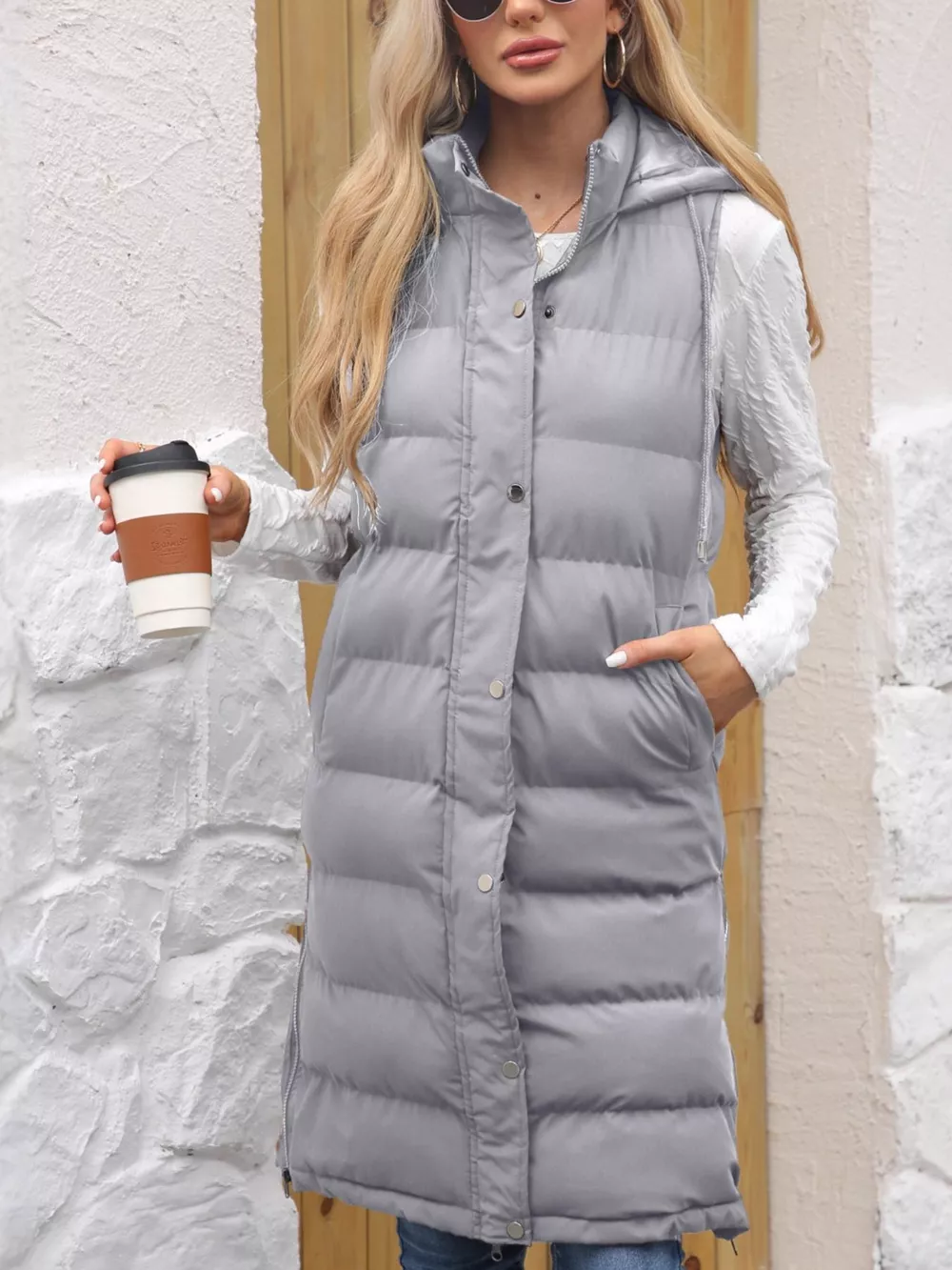 Full Size Snap Down Hooded Padded Longline Vest Coat Plus Size, image 5