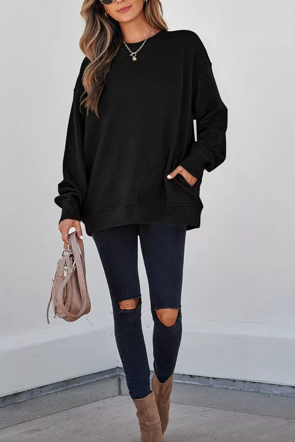Solid Color Textured Round Neck Drop Shoulder Pullover Sweatshirt, image 3