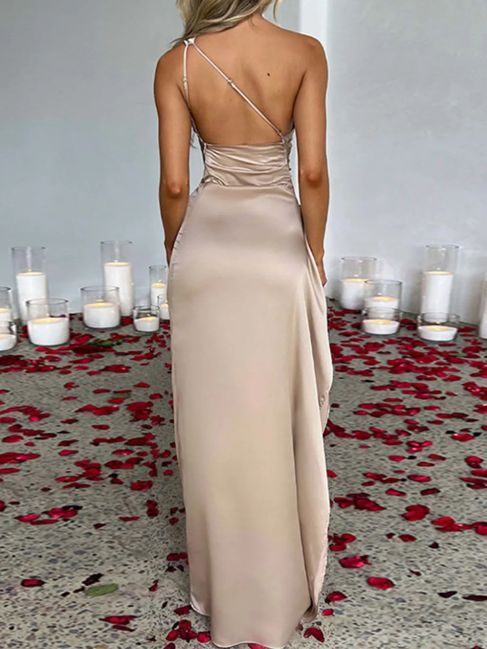 One Shoulder Satin Dress with High Slit, image 5