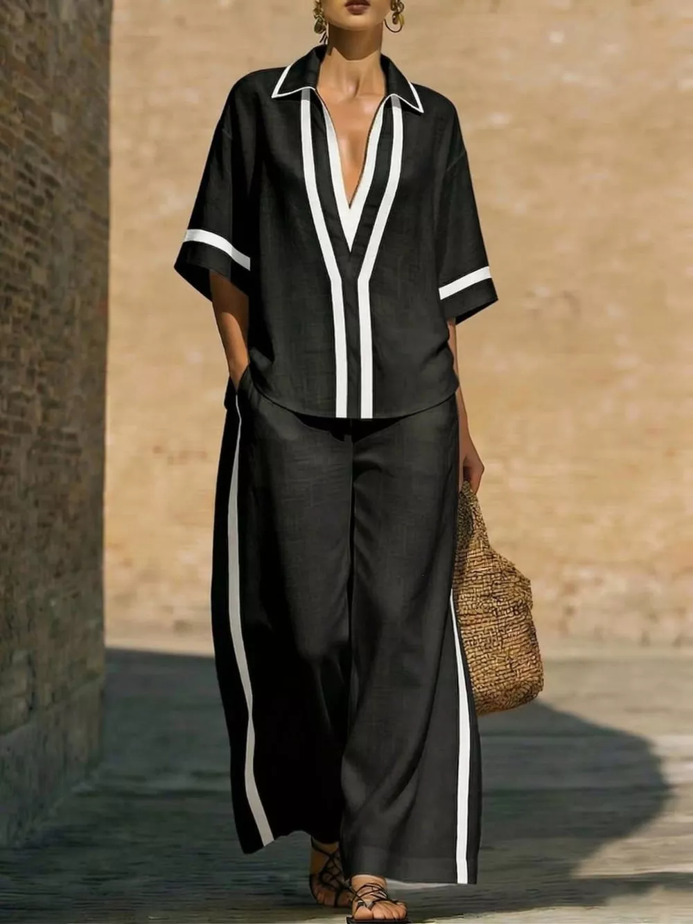 Full Size Contrast Trim Top and Pants Set Plus Size, image 3