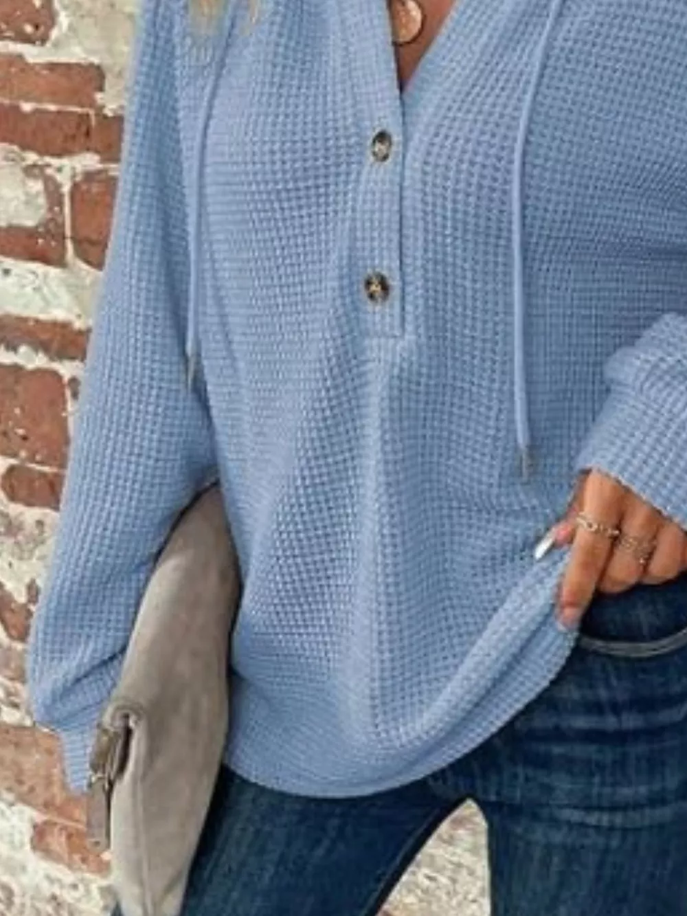 Waffle Knit Button Detail Hoodie, image 9