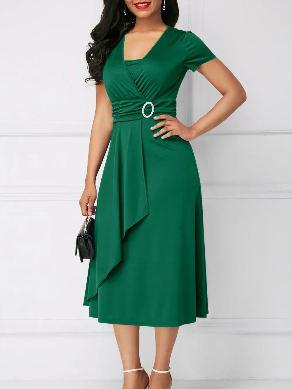 Short Sleeve Midi Wrap Dress with Belt Detail, image 7