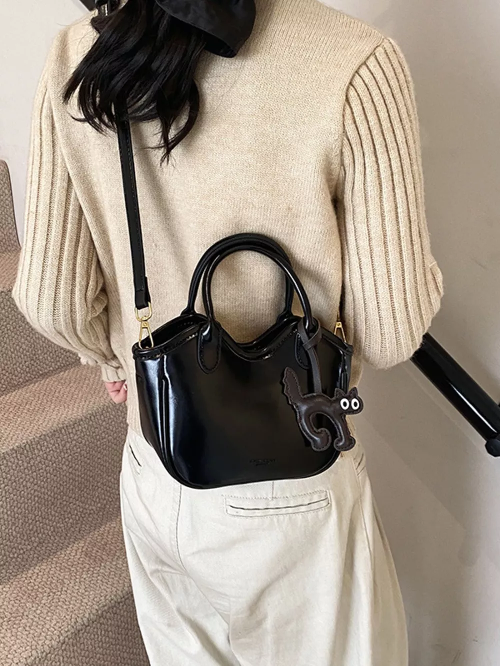 Leather Cat Charm Crossbody Bag, image 3