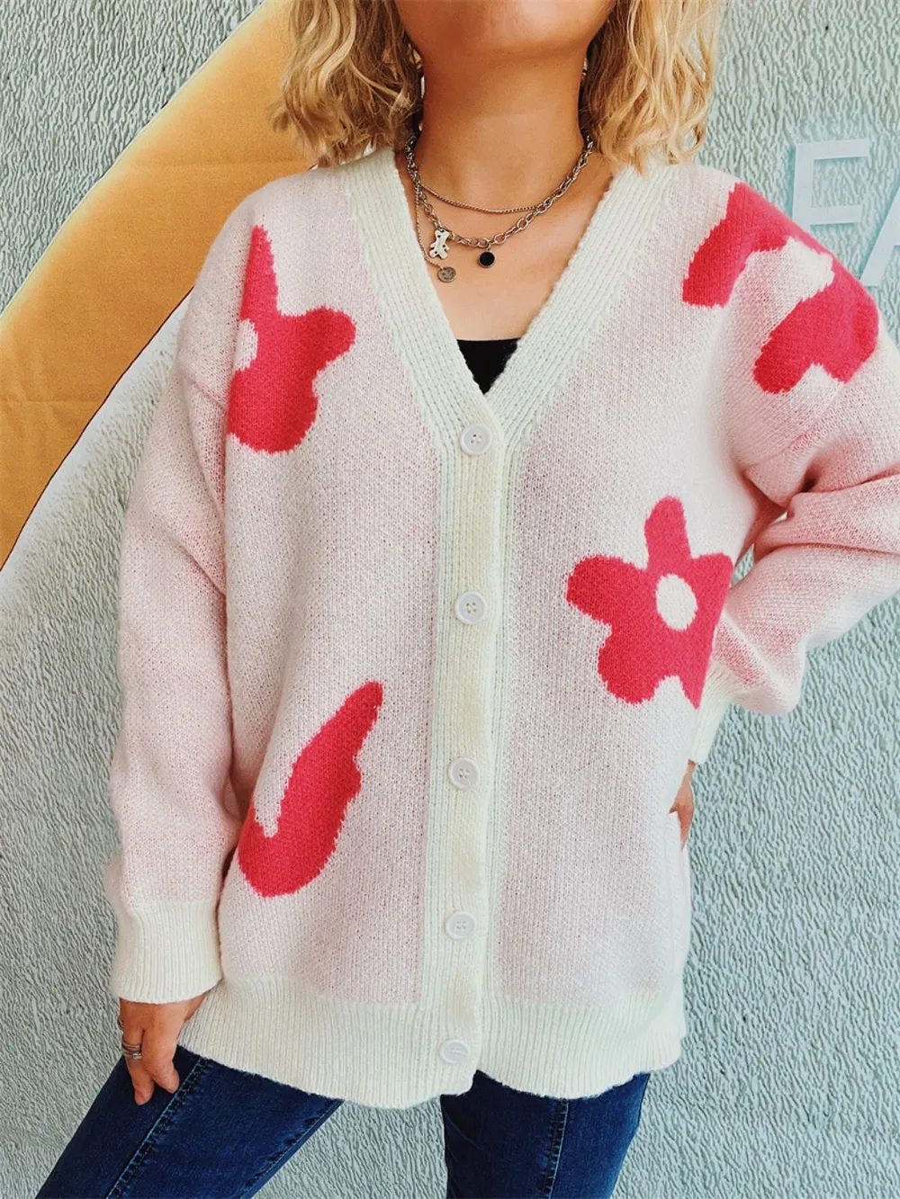 Flower Button Down V-Neck Long Sleeve Cardigan, image 4