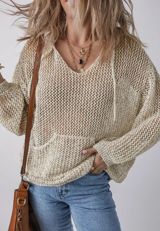 Openwork Dropped Shoulder Hooded Knit Top, image 7