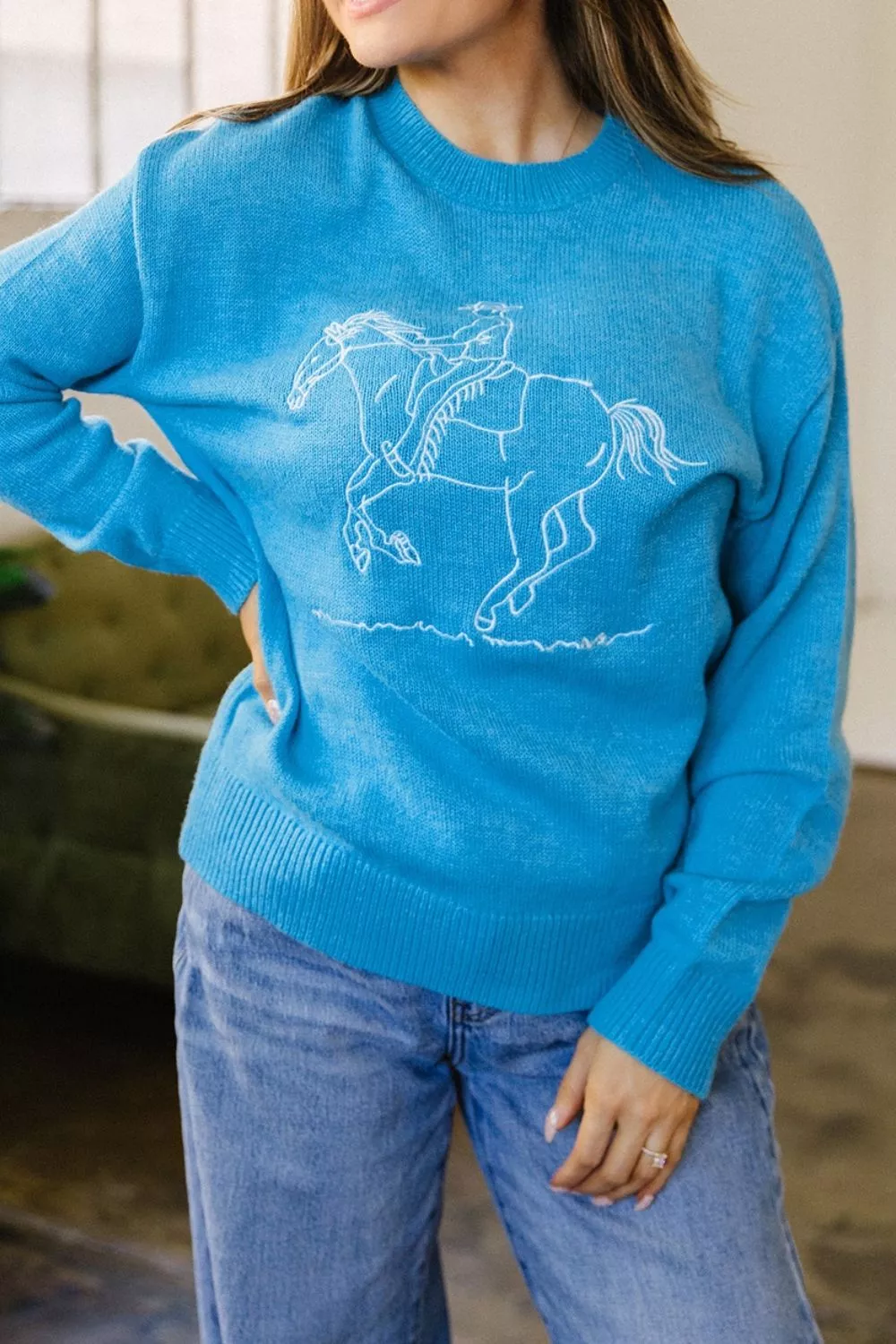 Western Embroidery Drop Shoulder Sweater, image 3