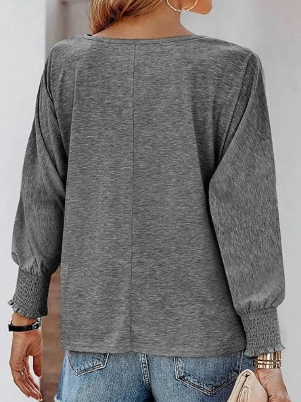 Round Neck Smocked Lantern Sleeve T-Shirt, image 7