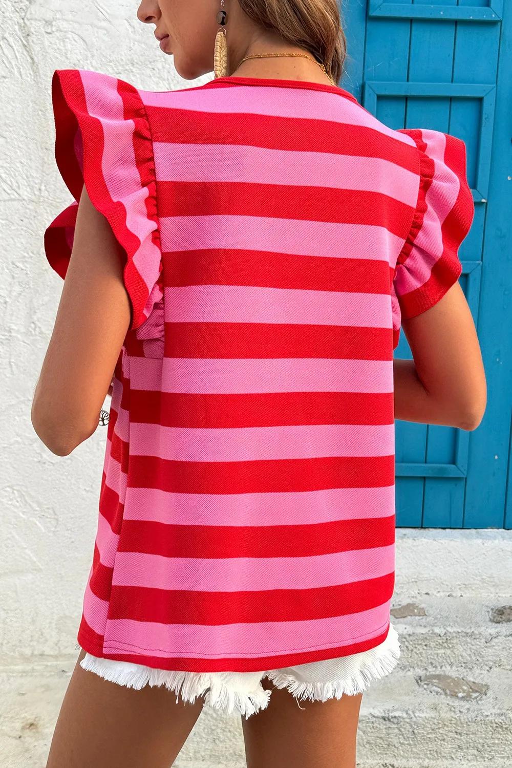 Striped Ruffle Sleeve Summer T-Shirt, image 6