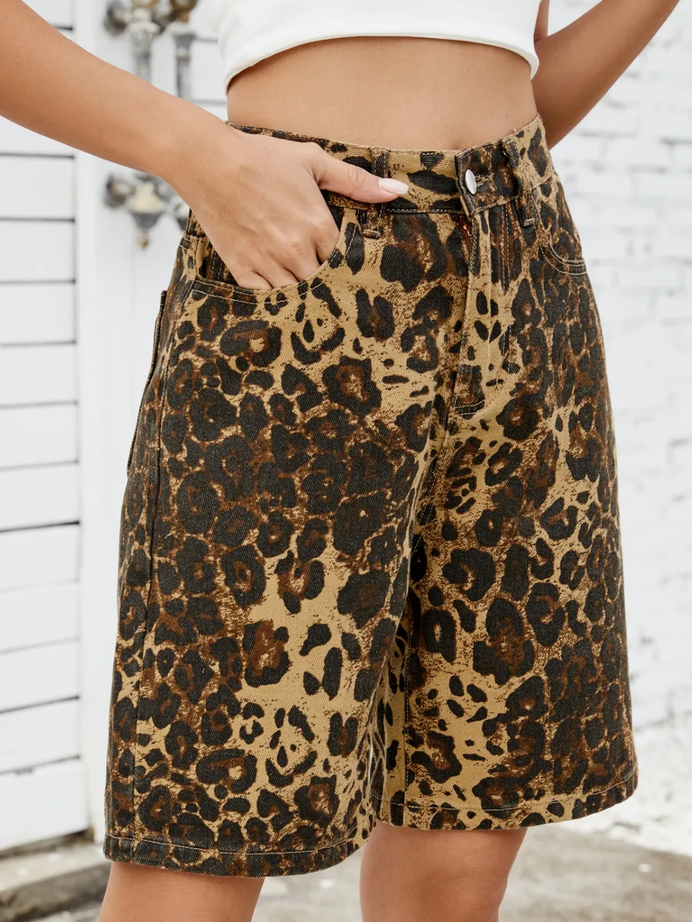 Leopard High Waist Denim Shorts, image 5
