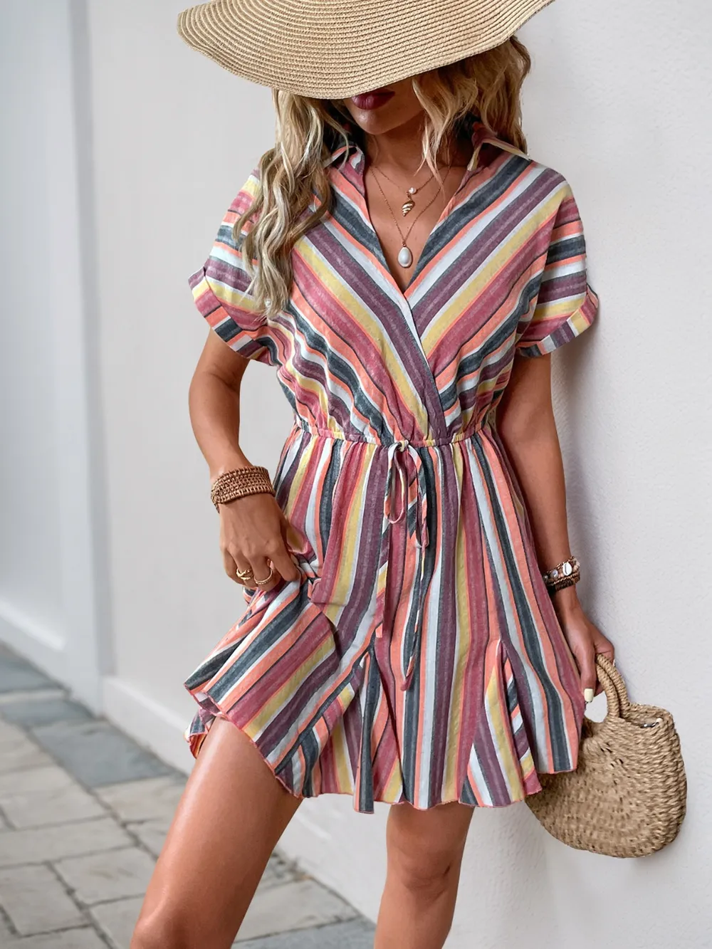 Striped Surplice Short Sleeve Dress, image 6