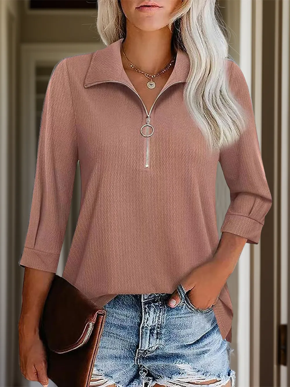 Half Zip Collared Neck Three-Quarter Sleeve T-Shirt, image 8