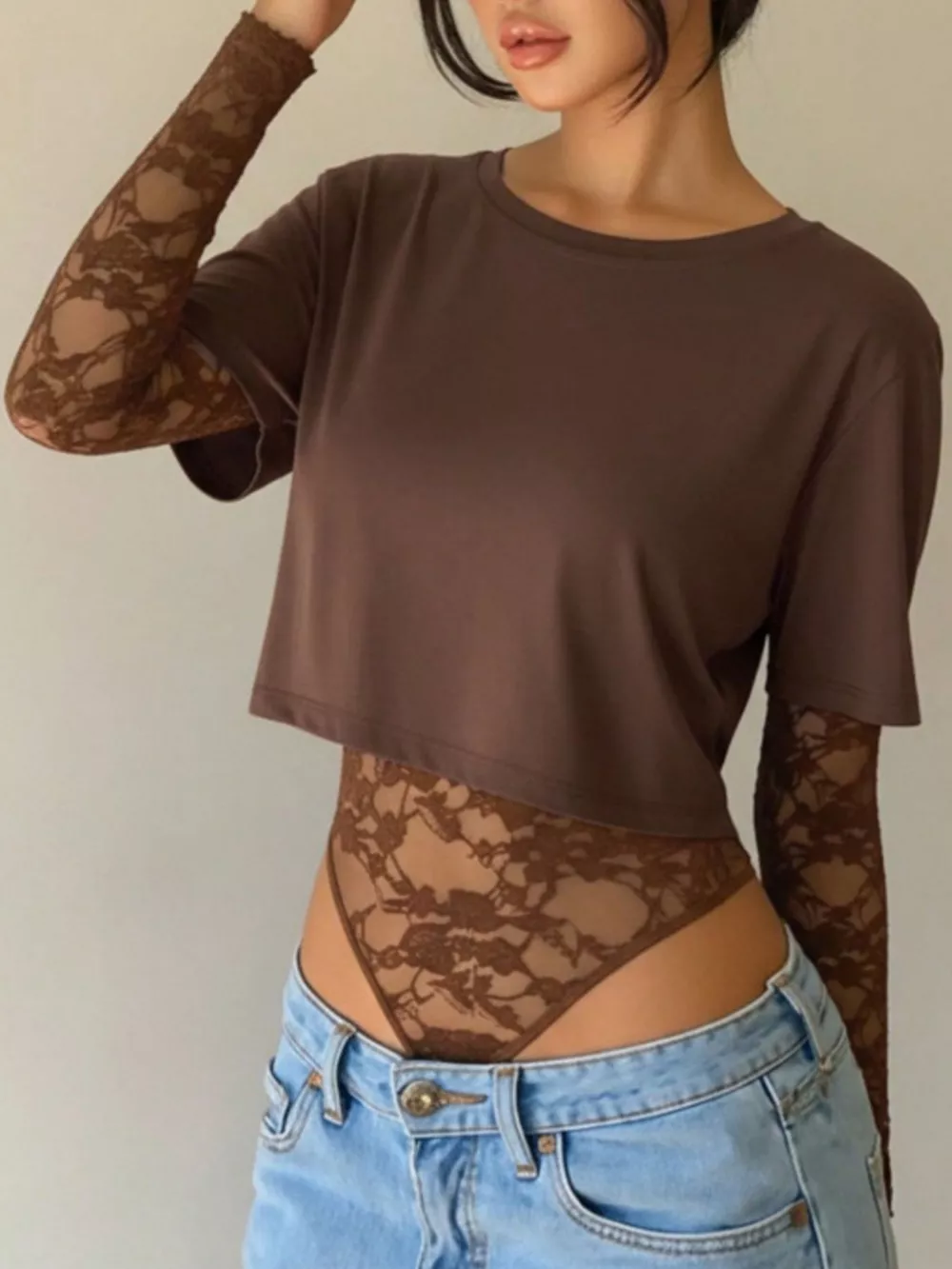 Lace Patchwork Round Neck Bodysuit, image 12