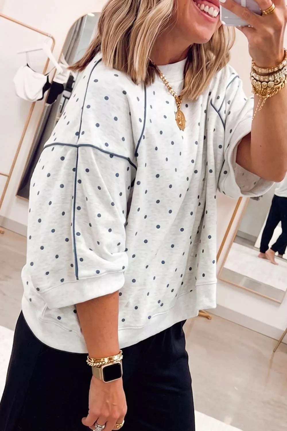 Polka Dot Print Piping Trim 3/4 Sleeve Relaxed Top, image 2