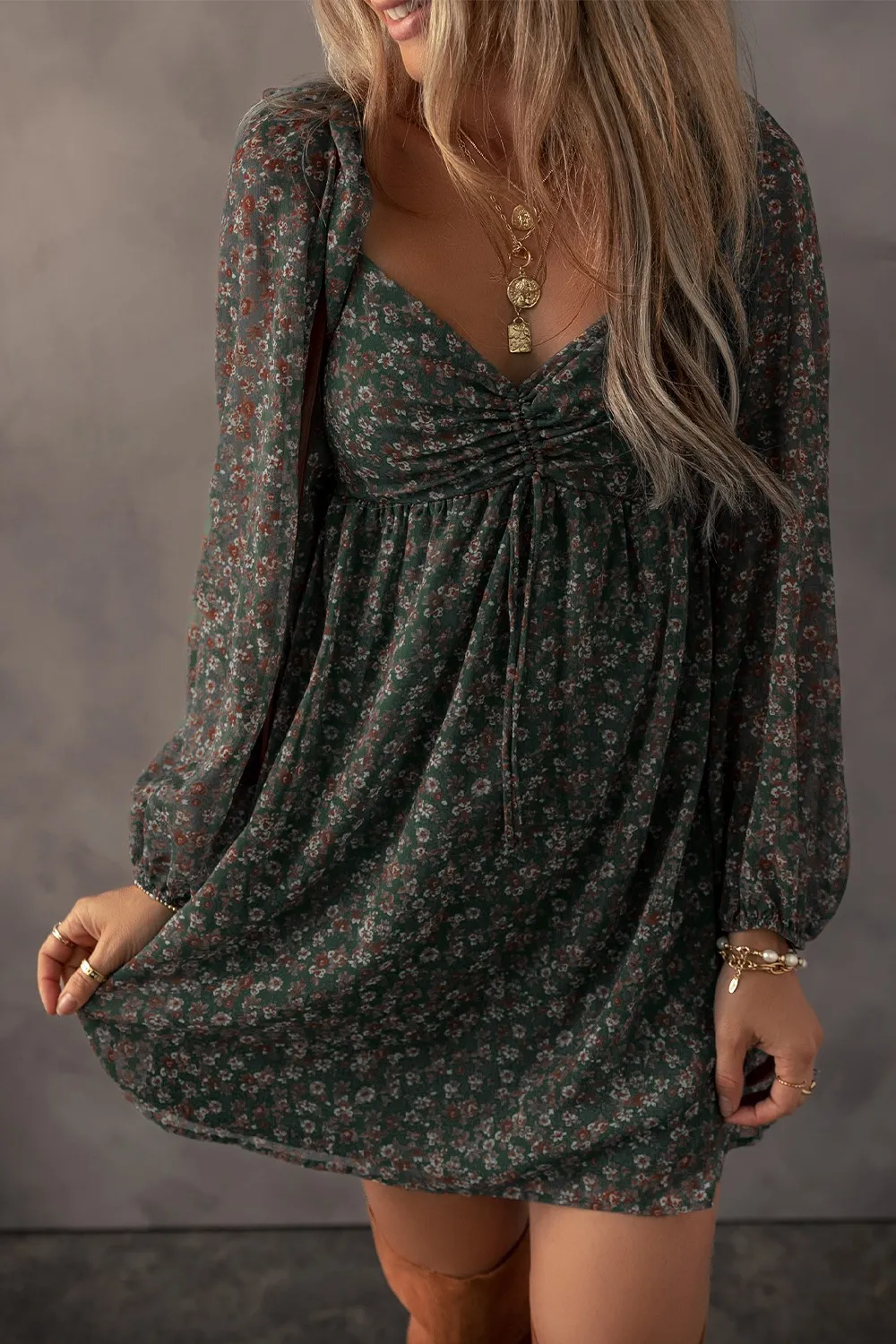 Ruched Printed Long Sleeve Mini Dress, image 9