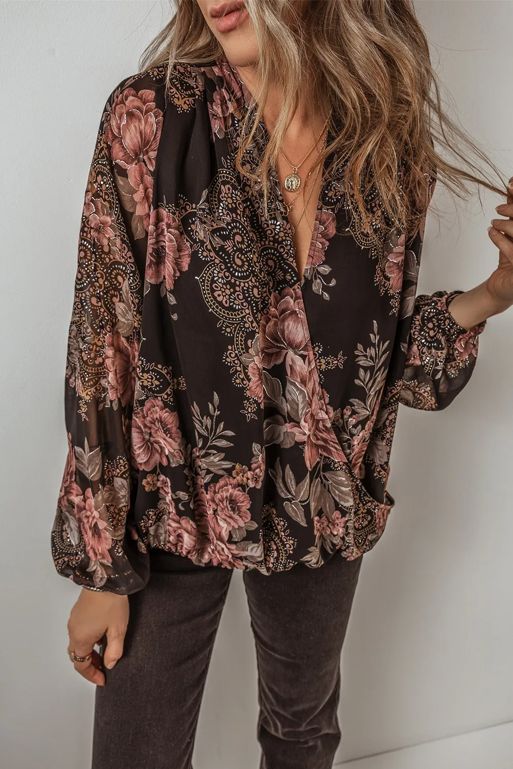 Printed Surplice Long Sleeve Blouse, image 4