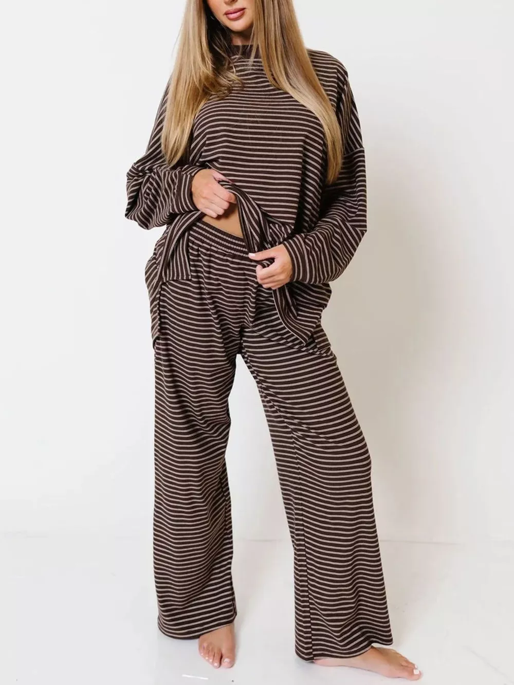 Striped Dropped Shoulder Top and Pants Lounge Set, image 9
