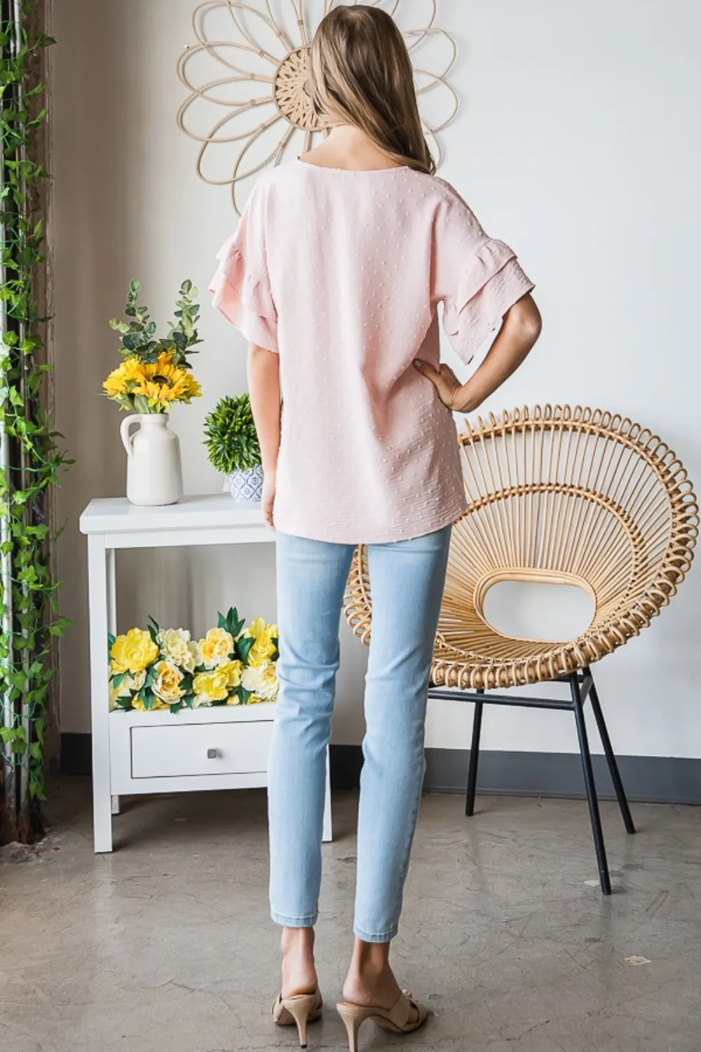 Full Size Swiss Dot Ruffle Short Sleeve Top, image 8