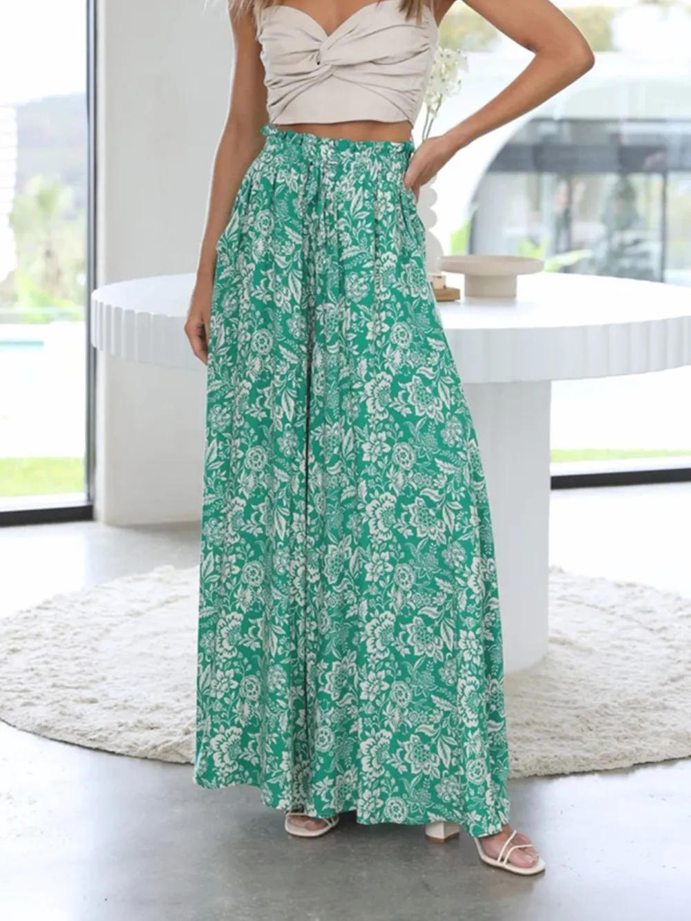 Drawstring Paperbag Waist Printed Wide Leg Pants, image 13