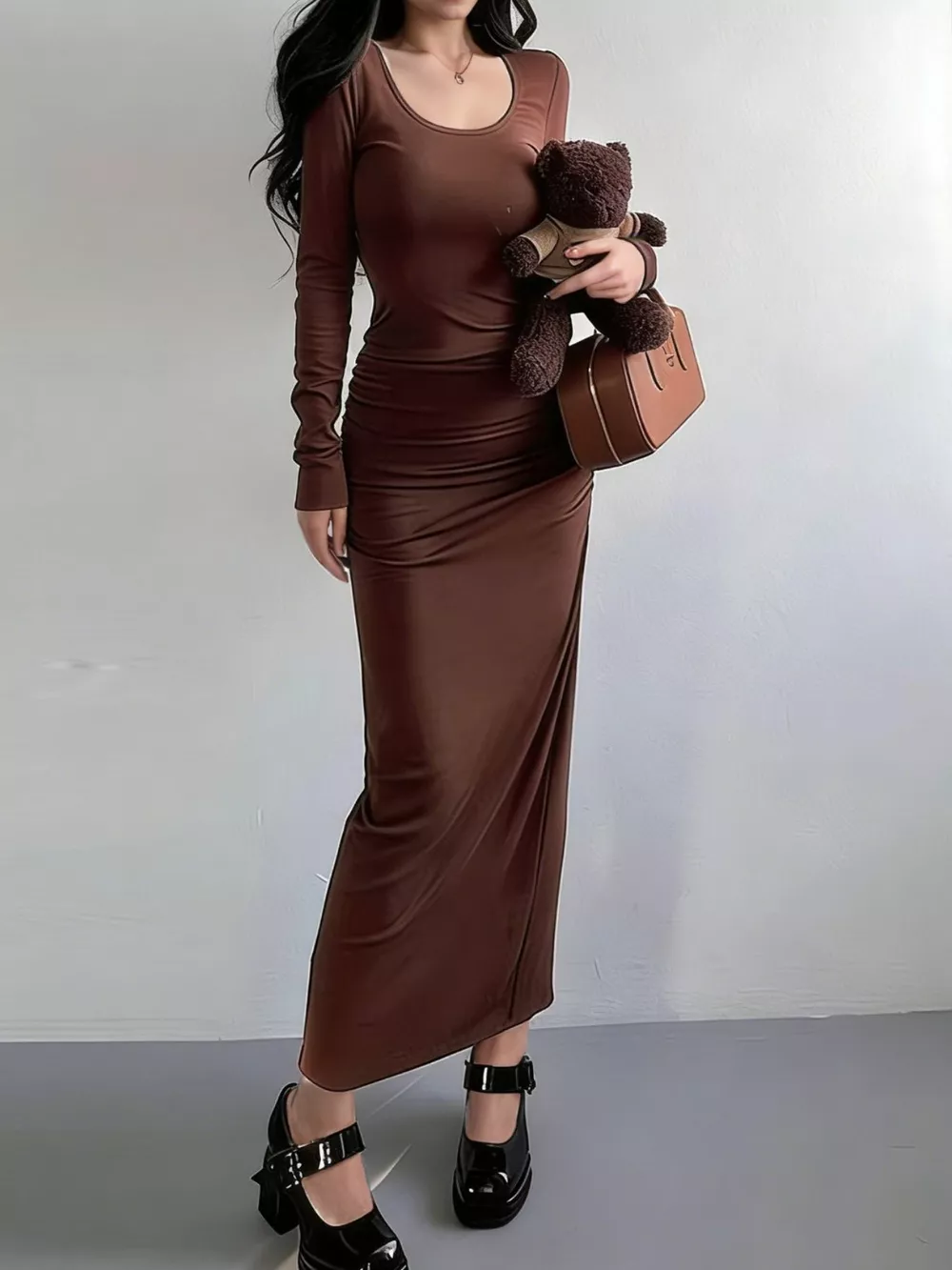 Slit Long Sleeve Bodycon Maxi Dress