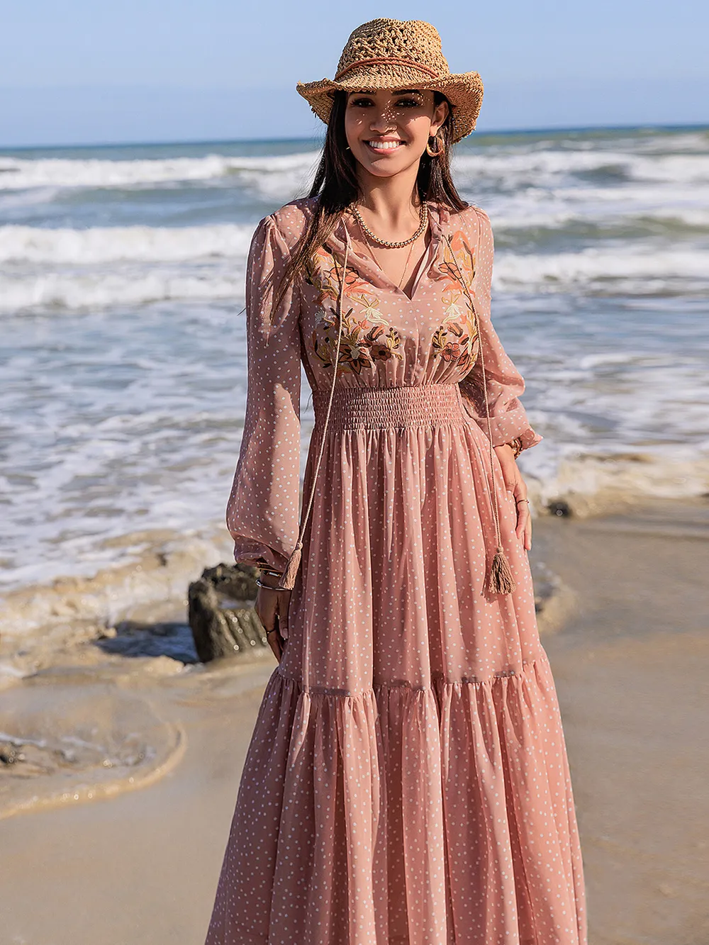 Embroidered Polka Dot Tie Neck Long Sleeve Midi Dress, image 8