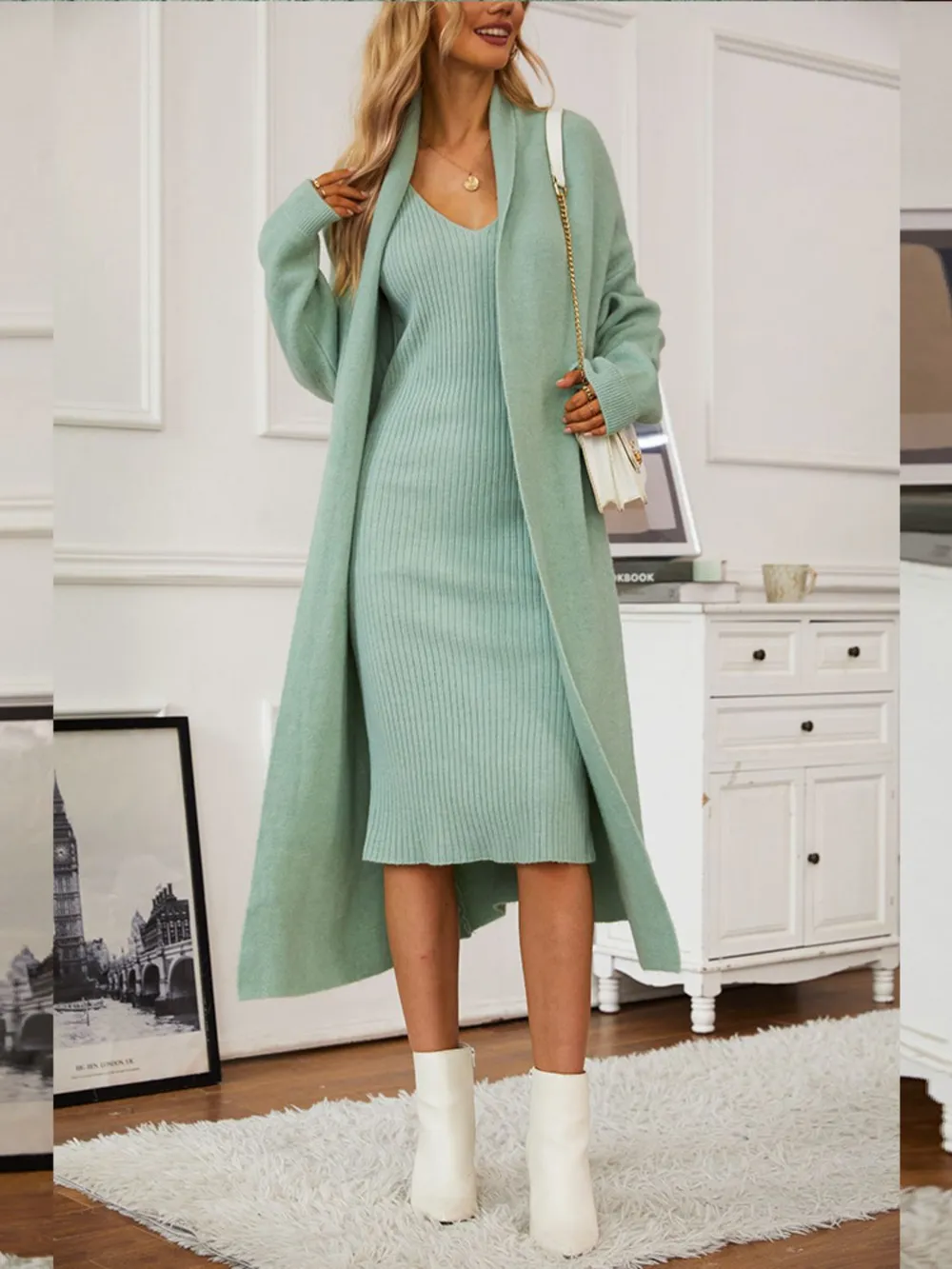 V-Neck Cami Dress and Open Front Cardigan Sweater Set, image 4