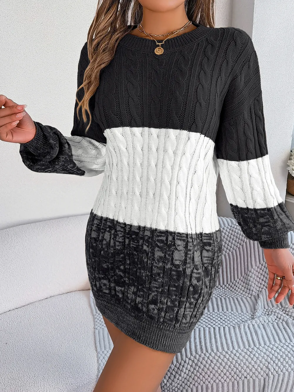 Cable-Knit Round Neck Color Block Sweater Dress, image 4