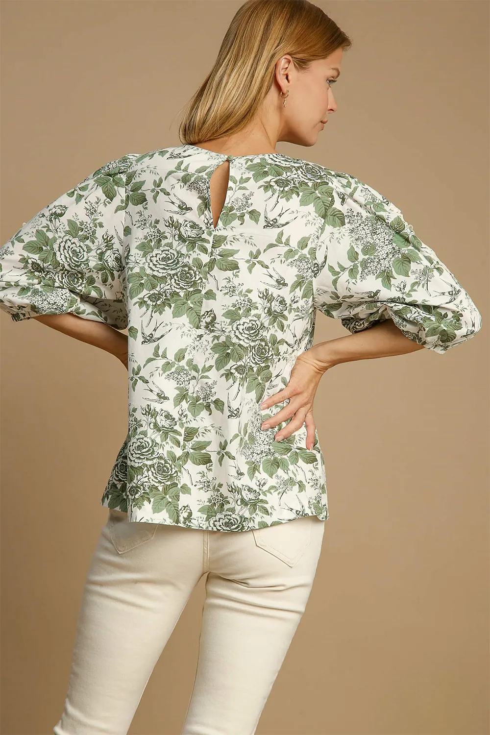 Floral Pleated Detail Lace Trim Sleeve Blouse, image 2
