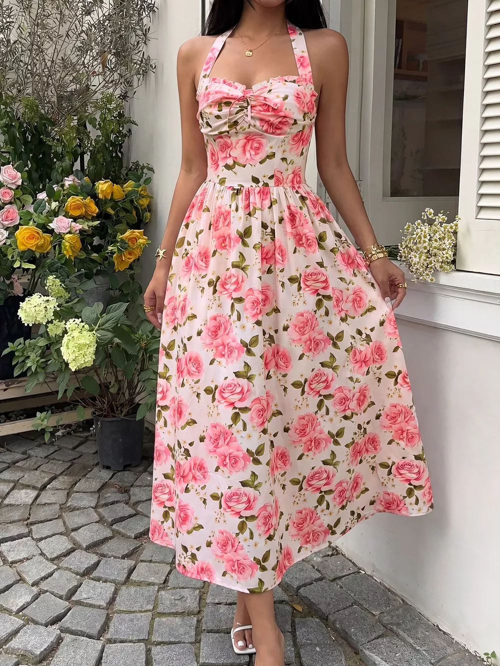 Floral Print Halter Neck Midi Dress