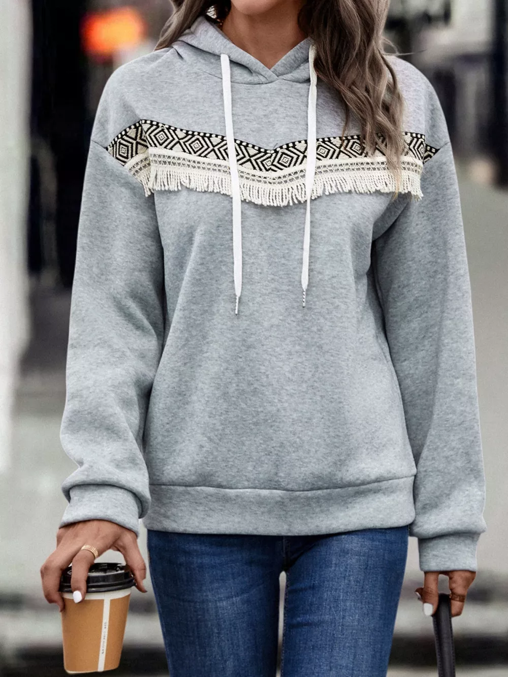Fringe Detail Long Sleeve Drawstring Hoodie, image 10