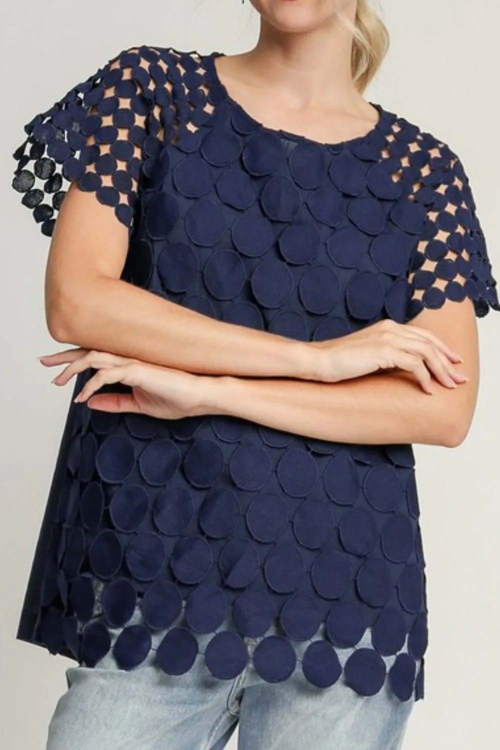 Full Size Mixed Polka Dot Lace Raglan Sleeve Boxy Cut Top Plus Size, image 2