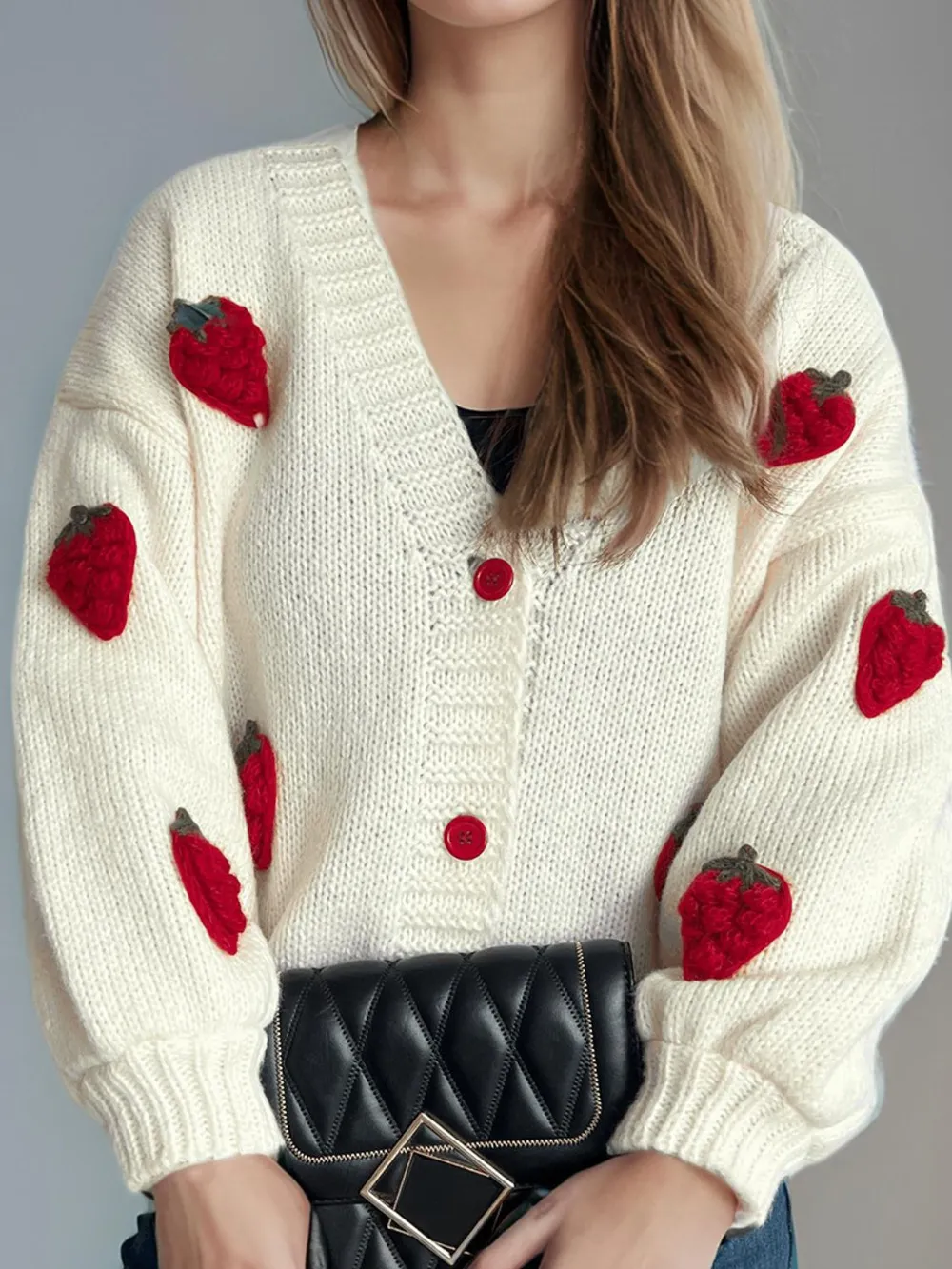 Crochet Strawberry V-Neck Long Sleeve Cardigan, image 3