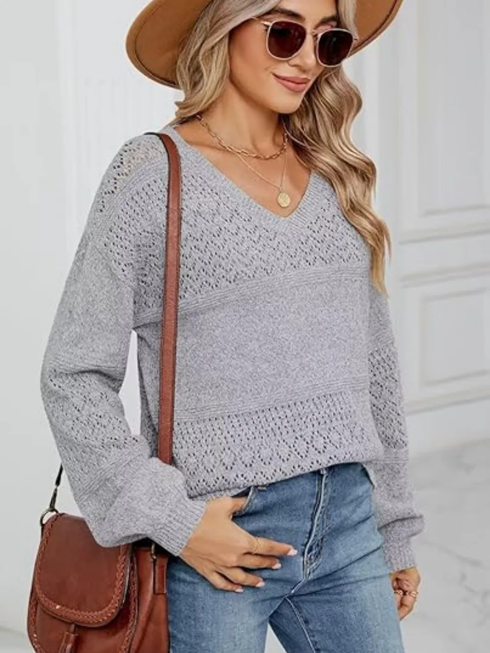 Eyelet V-Neck Long Sleeve Sweater, image 13