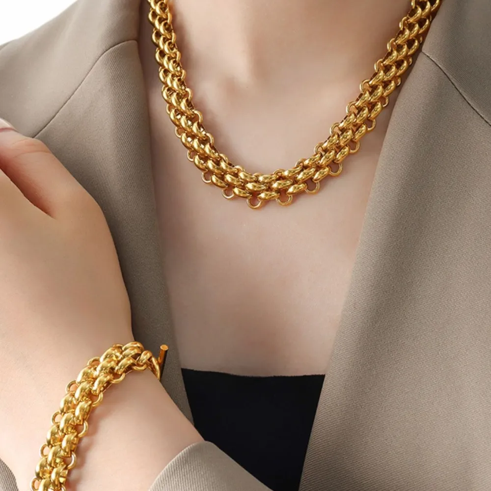 Gold Chain Link Jewelry Set with Necklace and Bracelet