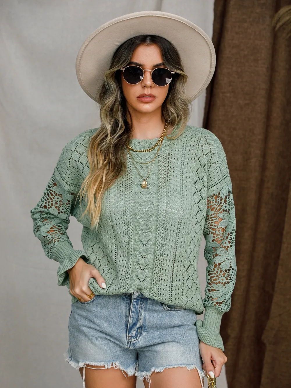 Eyelet Crochet Lantern Sleeve Sweater, image 5