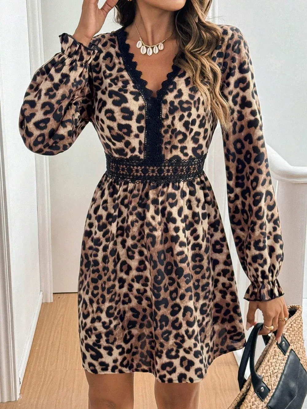 Lace Detail Leopard Flounce Sleeve Mini Dress, image 6