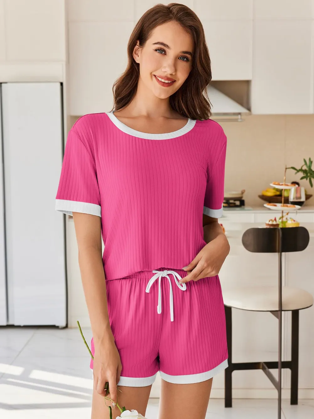 Ribbed Round Neck Top and Shorts Set, image 3