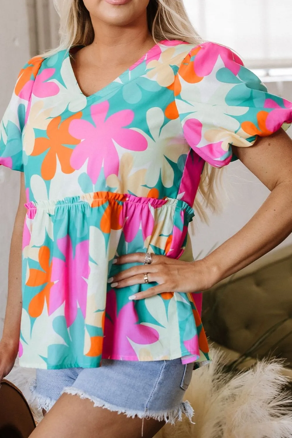 Floral Print Bubble Sleeve V Neck Peplum Blouse, image 9
