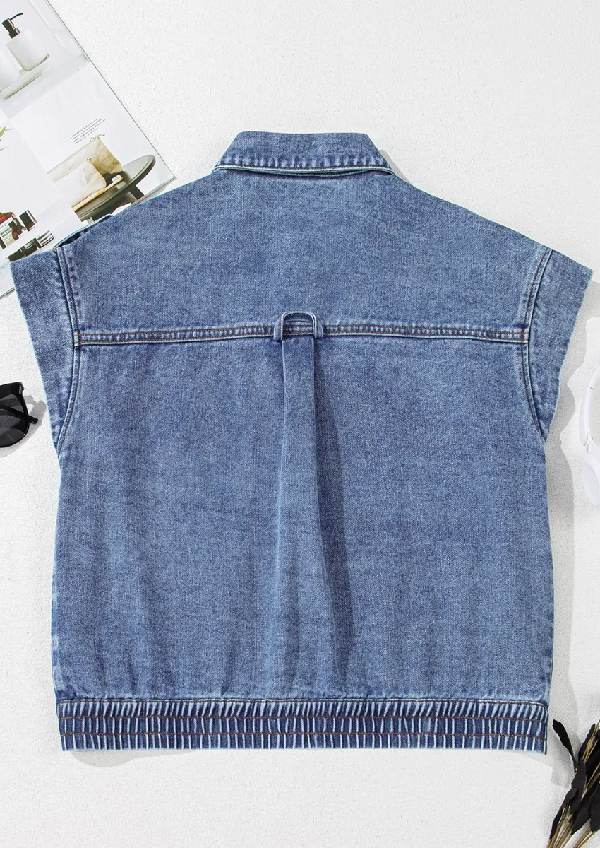 Button Up Cap Sleeve Denim Jacket, image 7