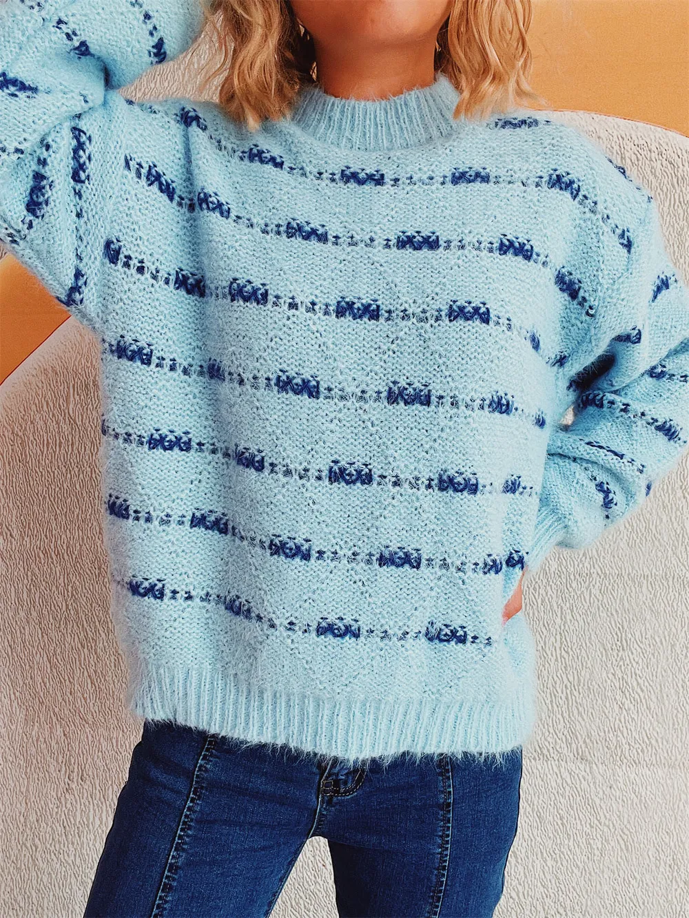 Striped Round Neck Long Sleeve Sweater, image 9