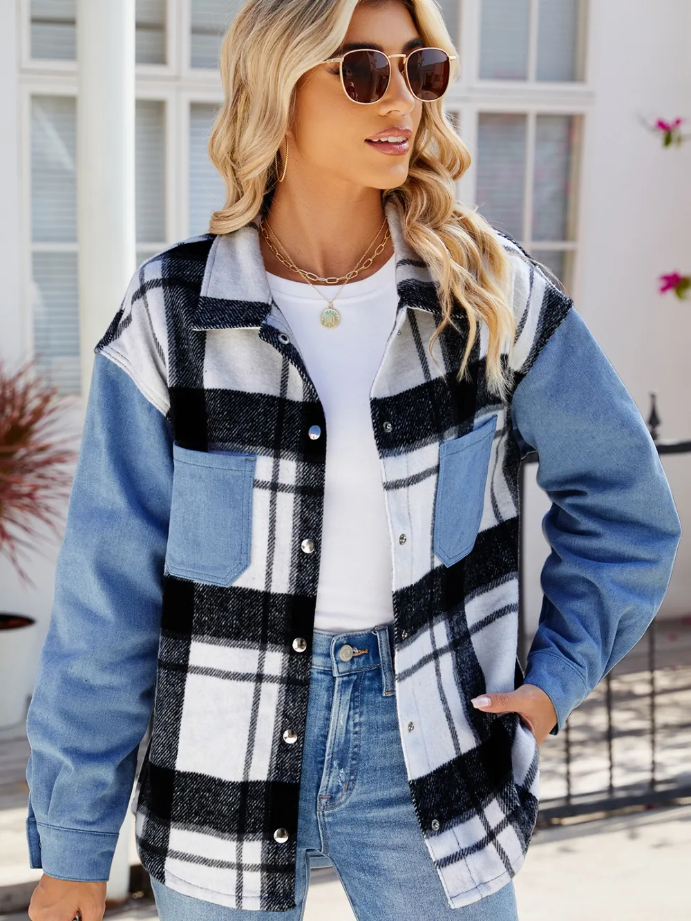 Pocketed Plaid Snap Down Denim Jacket, image 4