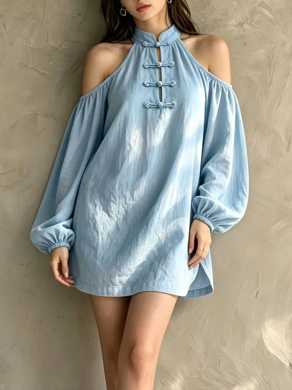 Cold-Shoulder Balloon Sleeve Mini Dress, image 2