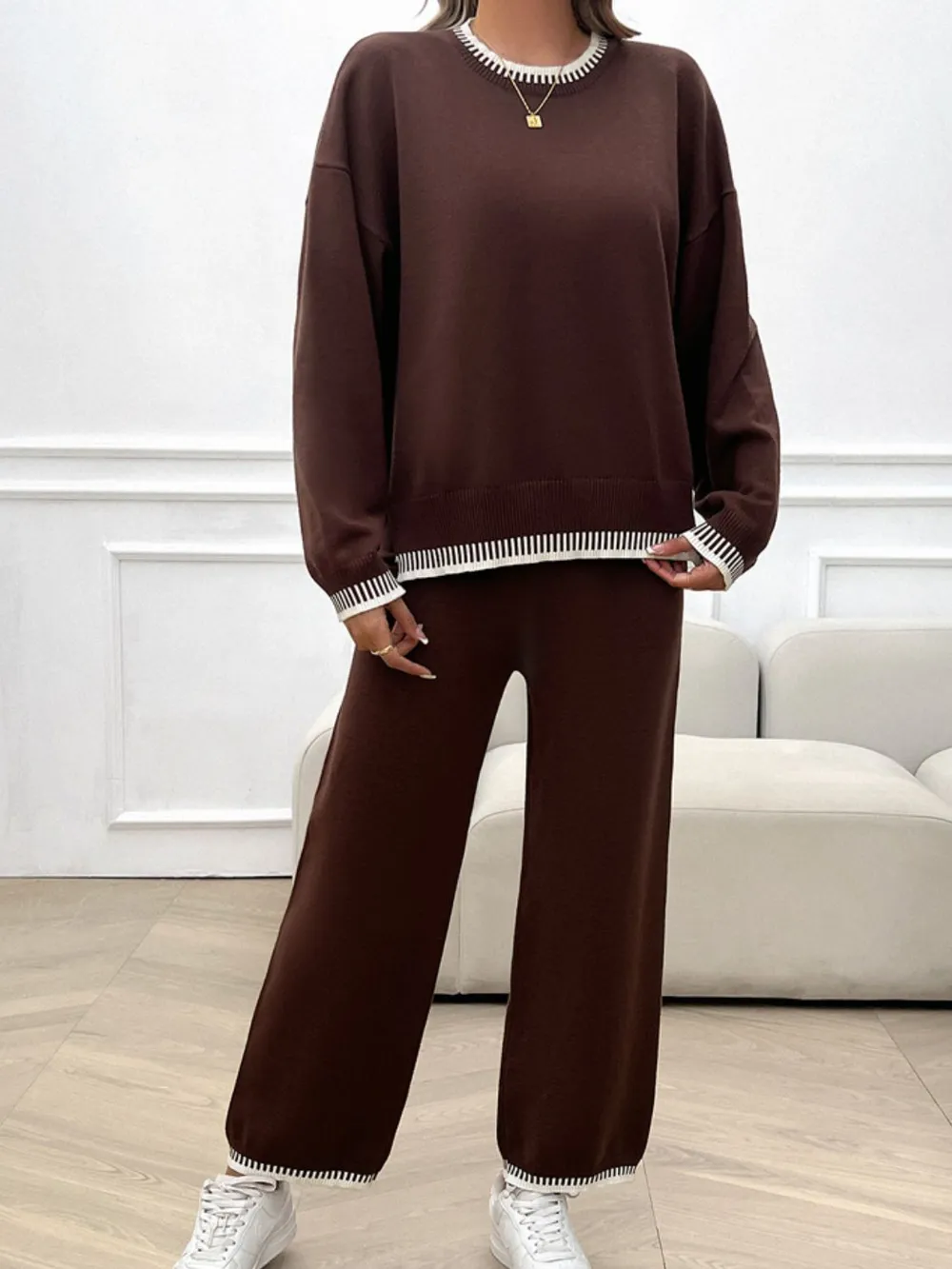 Round Neck Dropped Shoulder Top and Pants Sweater Set, image 16
