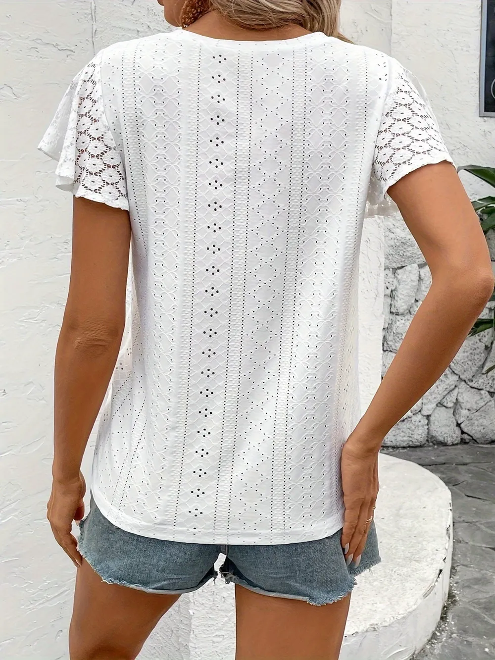 Eyelet V-Neck Flutter Sleeve Blouse, image 5