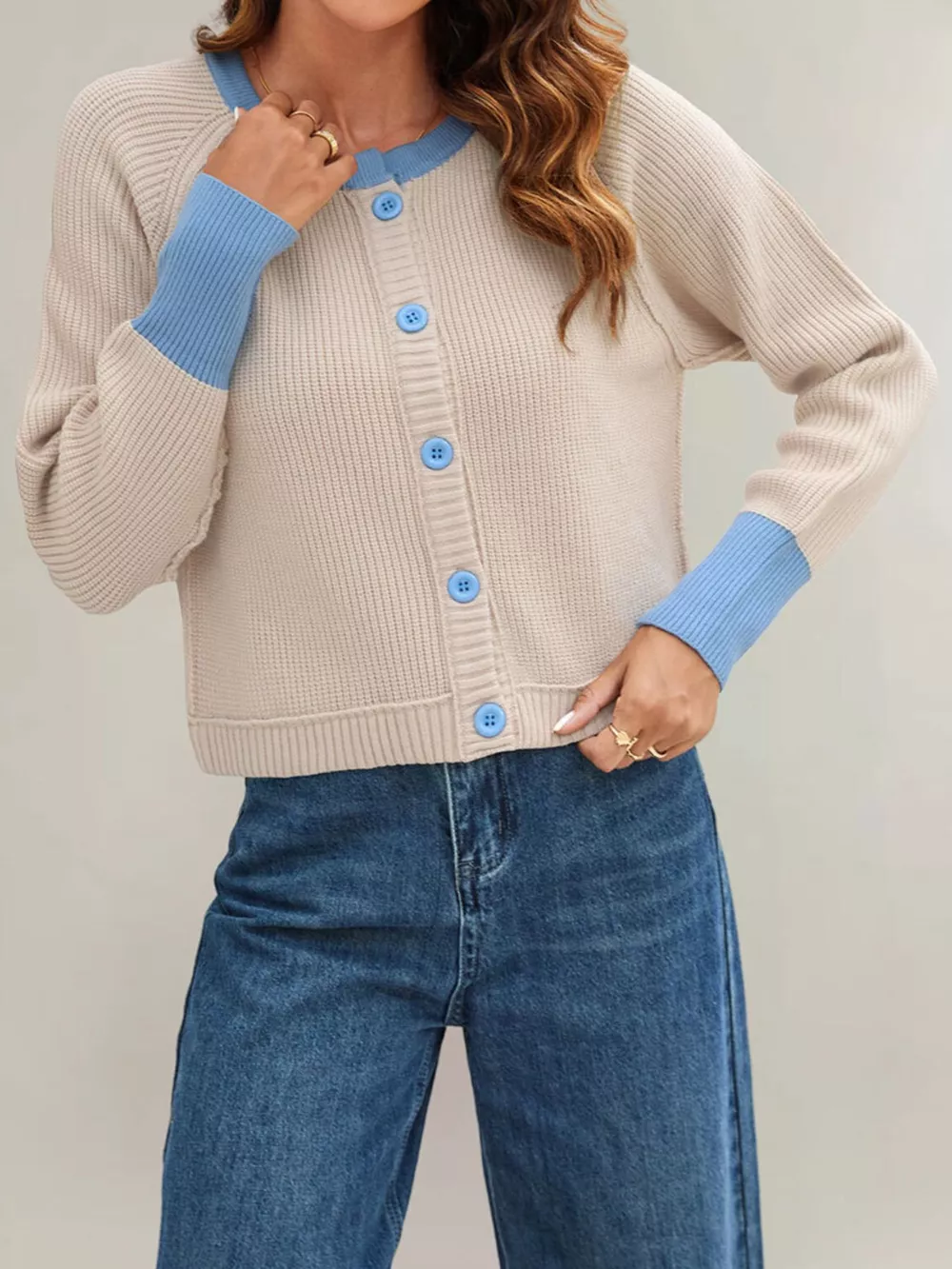 Color Block Ribbed Knit Button-Front Cardigan, image 2