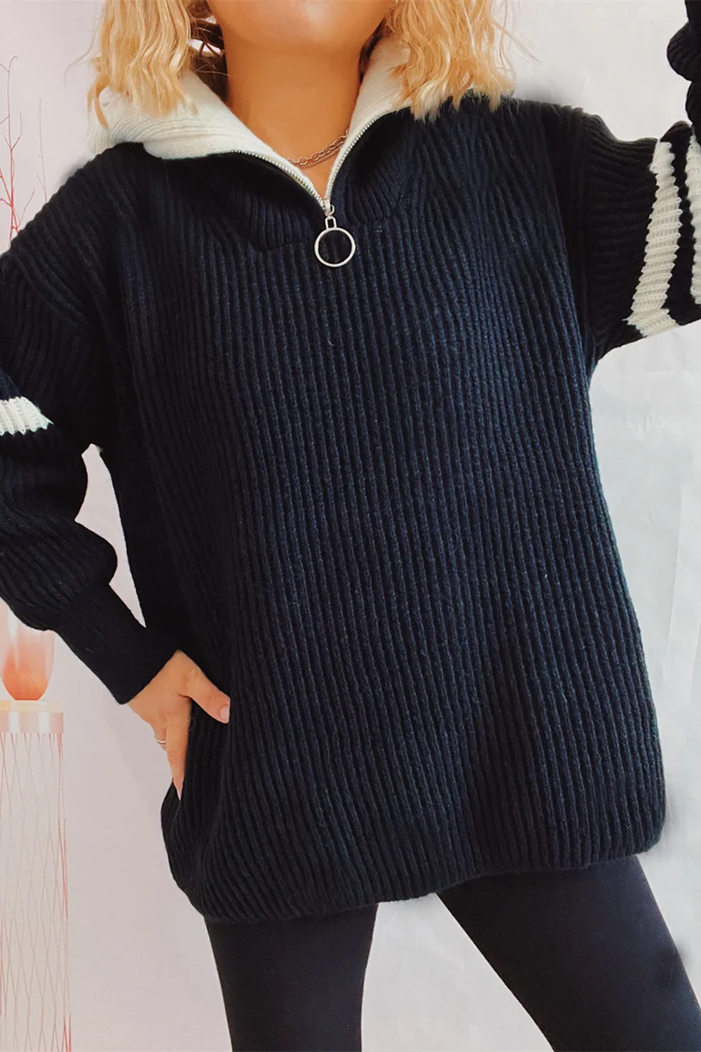 Quarter Zip Striped Dropped Shoulder Sweater, image 6