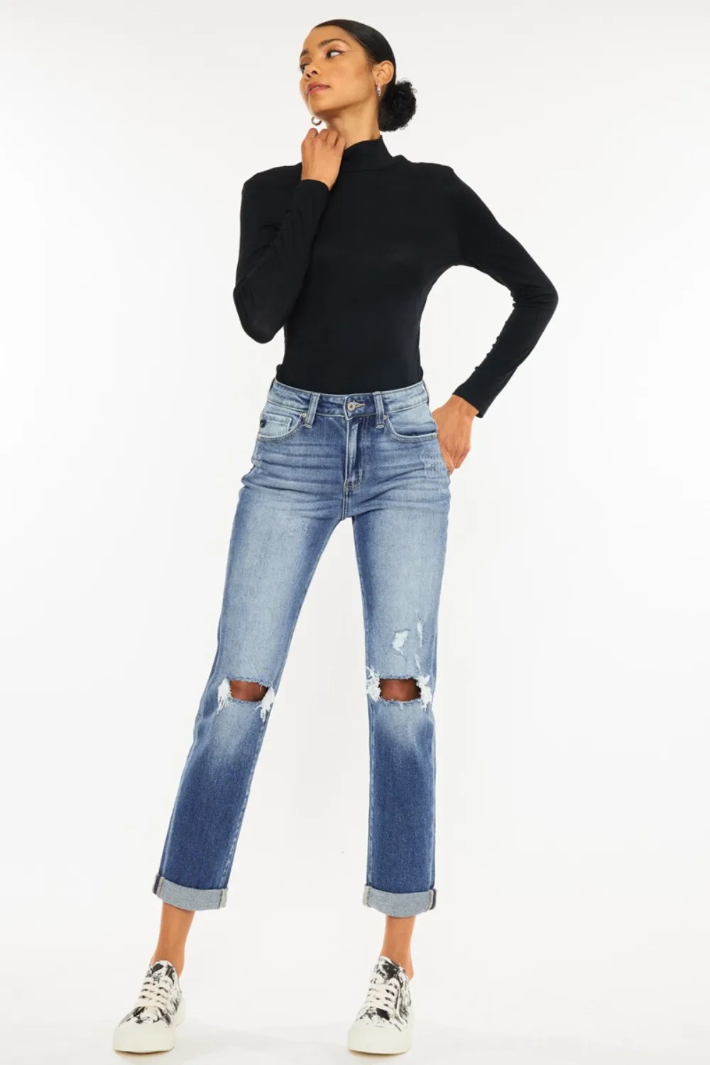 High Waist Distressed Hem Detail Cropped Straight Jeans, image 2