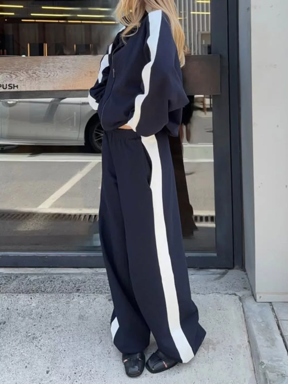 Contrast Side Stripe Zip Up Top and Pants Set, image 11