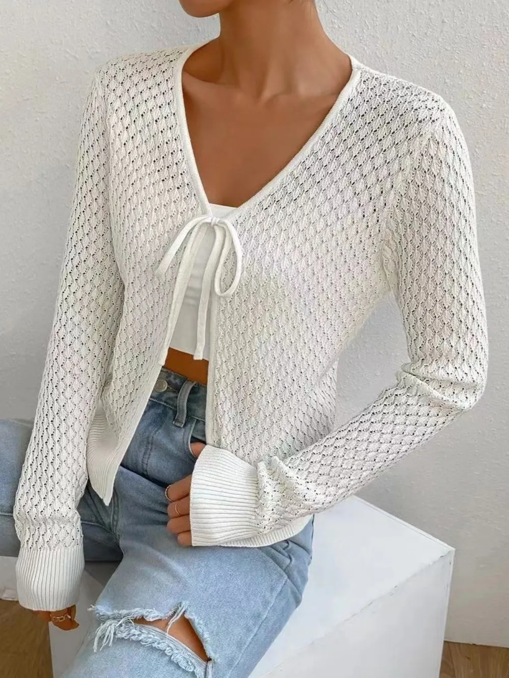 Tied Openwork V-Neck Long Sleeve Cardigan, image 3