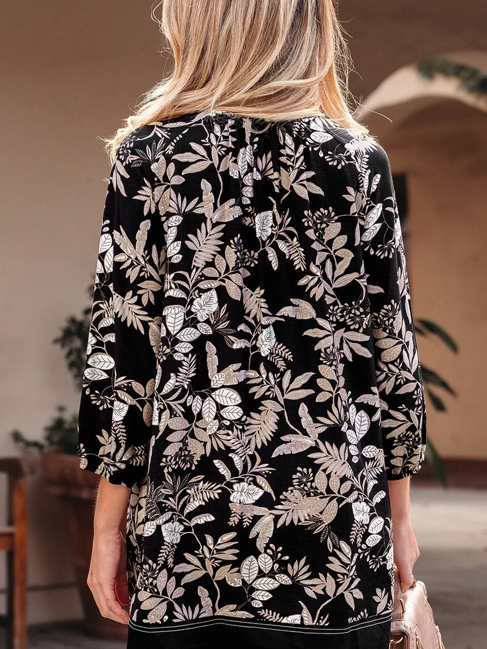 3/4 Sleeve Botanical Print Split Neck Loose Mini Dress, image 2