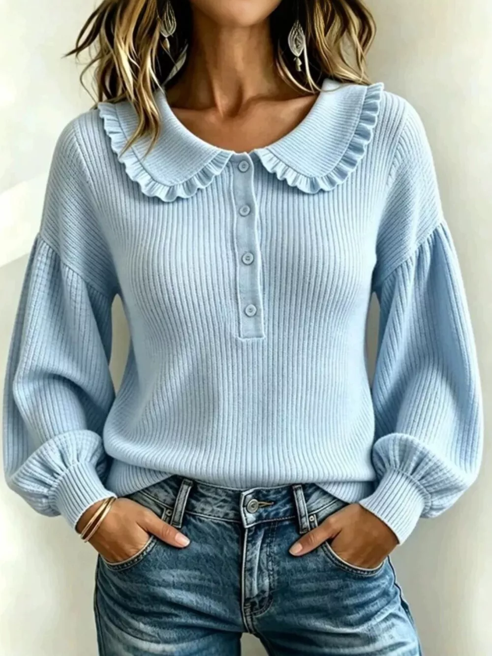 Full Size Ruffle Collar Button Detail Sweater Plus Size, image 2